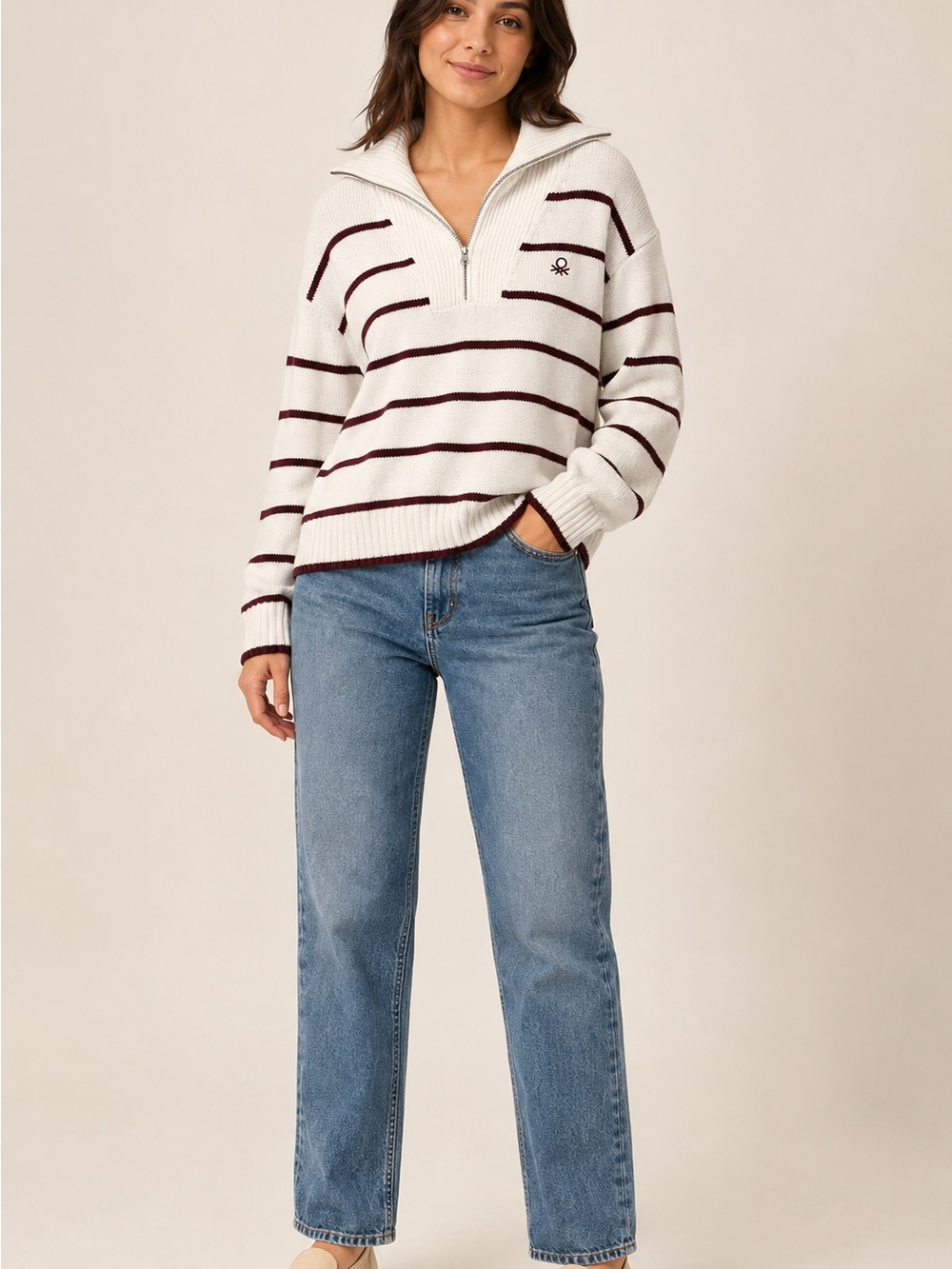 *2 for 40* United Colors of Benetton Cream Burgundy Quarter-Zip Sweater - Size S